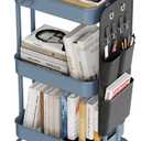 DTK 3 Tier Metal Utility Rolling Cart with Table Top and Side Bags, Metal Tray Storage Organizer Cart with Wheels, Art Craft Cart with 4 Hooks for Kitchen Bathroom Office Living Room (Blue)