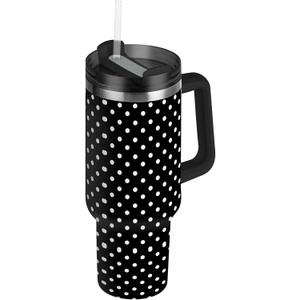 40 oz Tumbler Black Polka Dots with Handle and Straw Lid Vacuum Stainless Steel Insulated Water Bottle Travel Mug Car Cup Holder Friendly for Gym Travel Office