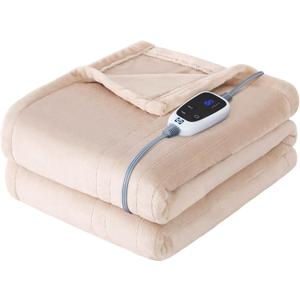 Sealy Electric Blanket Heated Throw, Soft Flannel Heated Blanket with 6 Heating Settings & 2-10 Hours Auto Shut Off, Fast Heating & Machine Washable, 50x60 Inch, Beige