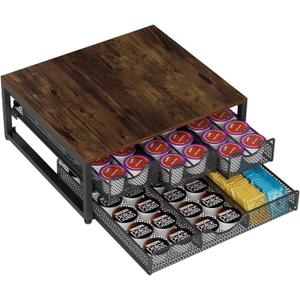 Coffee Pod Holder For Counter, 3 Pull-Out 72 K-Cup Holder Drawer, Wooden Cafe Pods Storage Organizer with Sliding Drawers for Coffee Station, Home, Kitchen, Office, Dorm (Antique Finish)