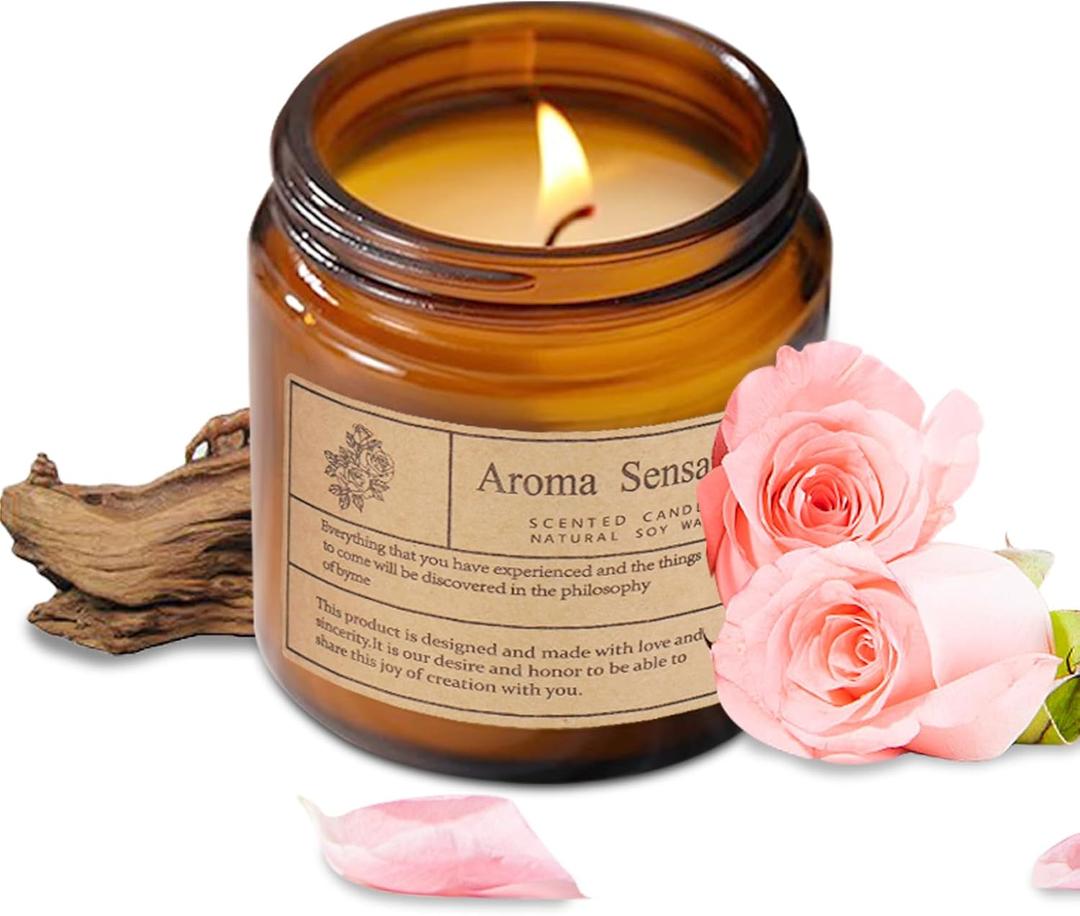 Organic Sandalwood Rose Candles - Non Toxic Soy Candles for Home, Stress Relief & Meditation (7oz) (1 Pack)