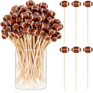 50 Pcs Football Toothpicks, 4.72 Inch Football Cocktail Picks for Appetizers, Long Bamboo Toothpicks, Decorative Toothpicks Skewers for Holiday Birthday Party Decorations (Football 3D)
