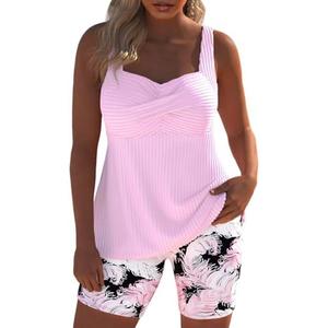 Modlily Surplice Tankini Swimsuits for Women, Two Piece Print Bathing Suit, Modest Coverage Tank Top with Board Shorts,XL