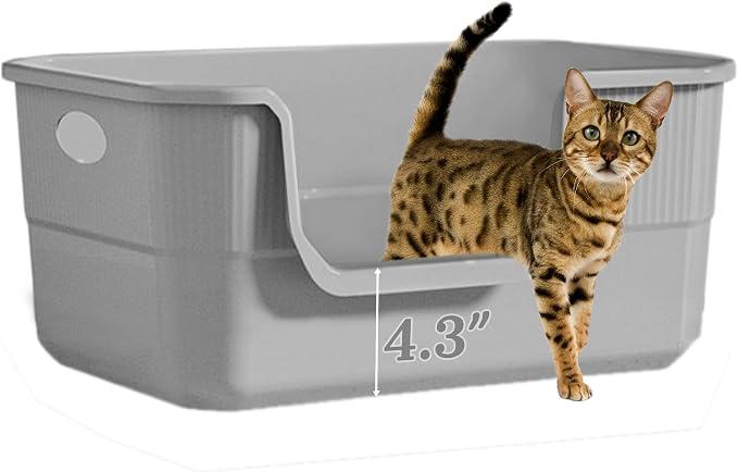 Low Entry Large Litter Box for Big & Senior Cats, High Sided Litter Boxes with Handle, Anti-Splash Plastic Kitty Litter Tray Pan for Kittens, Easy to Clean, 19.6" L*13.7" W*9.4" H (Grey)