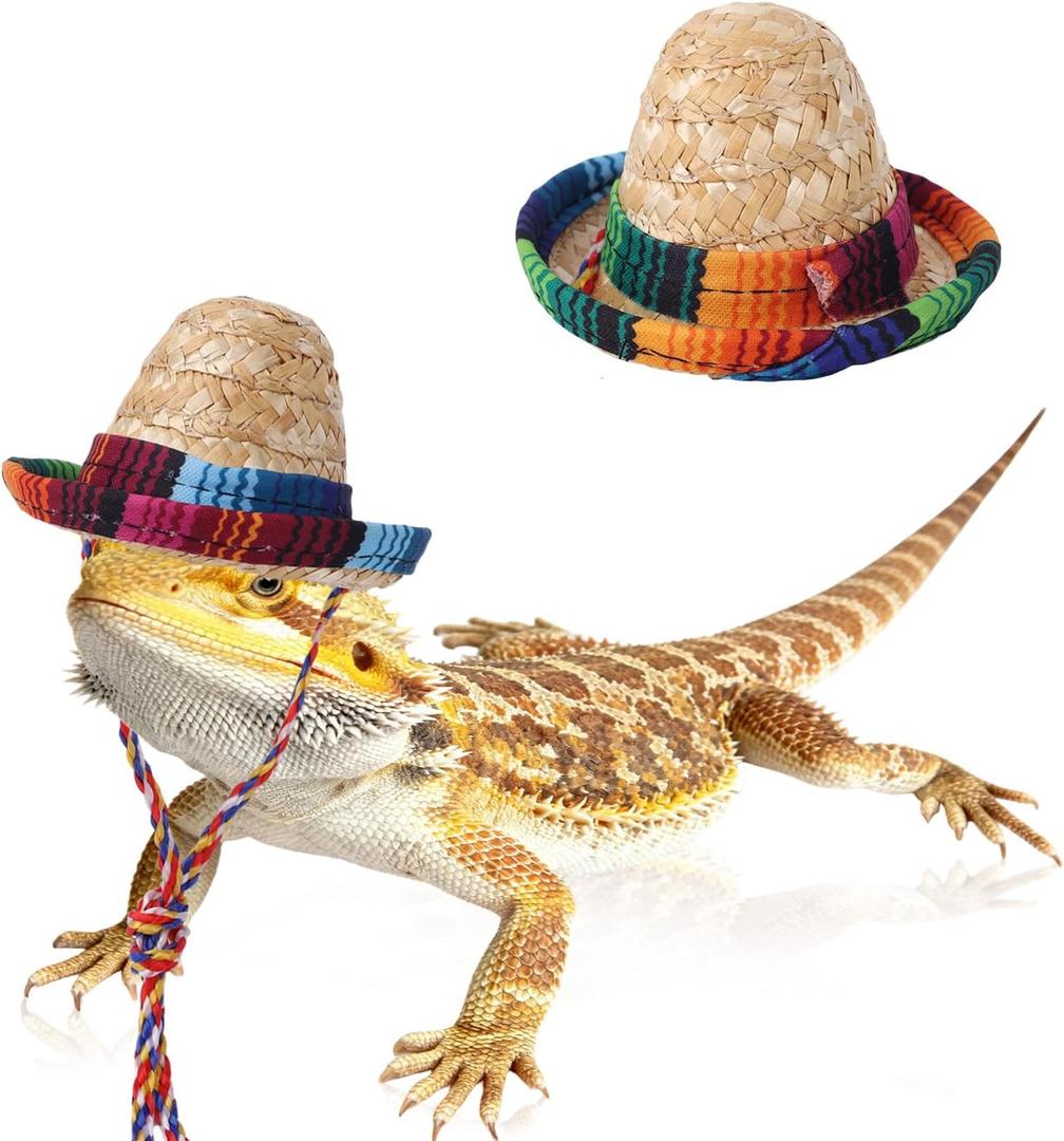 2pcs Bearded Dragon Sombrero Hat, Cinco De Mayo Lizard Straw Hat with Adjustable Chin Strap Fun Costume Accessories for Reptile Hamster Ferret Leopard Gecko Guinea Pig Small Pet