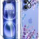 for iPhone 16 Plus Case,[3 in 1] with Screen Protector & Camera Lens Protector, Flower Pattern Design,Clear Soft Shockproof Slim Floral Phone Cover for Women Girls 2024 6.7" (Lavender/Purple)
