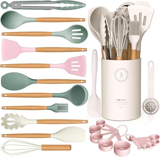 Silicone Cooking Utensils Set  AVGPD Silicone Kitchen Utensils for Cooking Wooden Handles, 446°F Heat Resistant Kitchen Utensil Spatula Sets, Gadgets for NonStick Cookware BPA FREE (Multicolour)