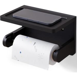 Toilet Paper Holder with Phone Shelf,Bamboo Wall Mounted Tissue Roll Holder for Bathroom(Black) (1 PC)