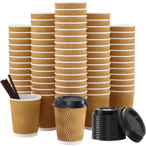 SIUQ 90 Pack - 8 oz Disposable Coffee Cups with Lids and Straws,To go Coffee Cups,Insulated Corrugated Paper Cups,Kraft Ripple Wall Cups for Hot Beverage or Cold Drinks -Champagne