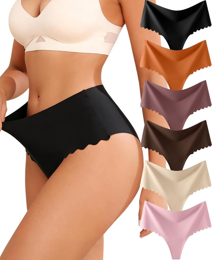 ALL OF SHE Thongs for Womens High Waisted Seamless Underwear for Women 6 Pack Wave Edge No Show Sexy Panties (M)