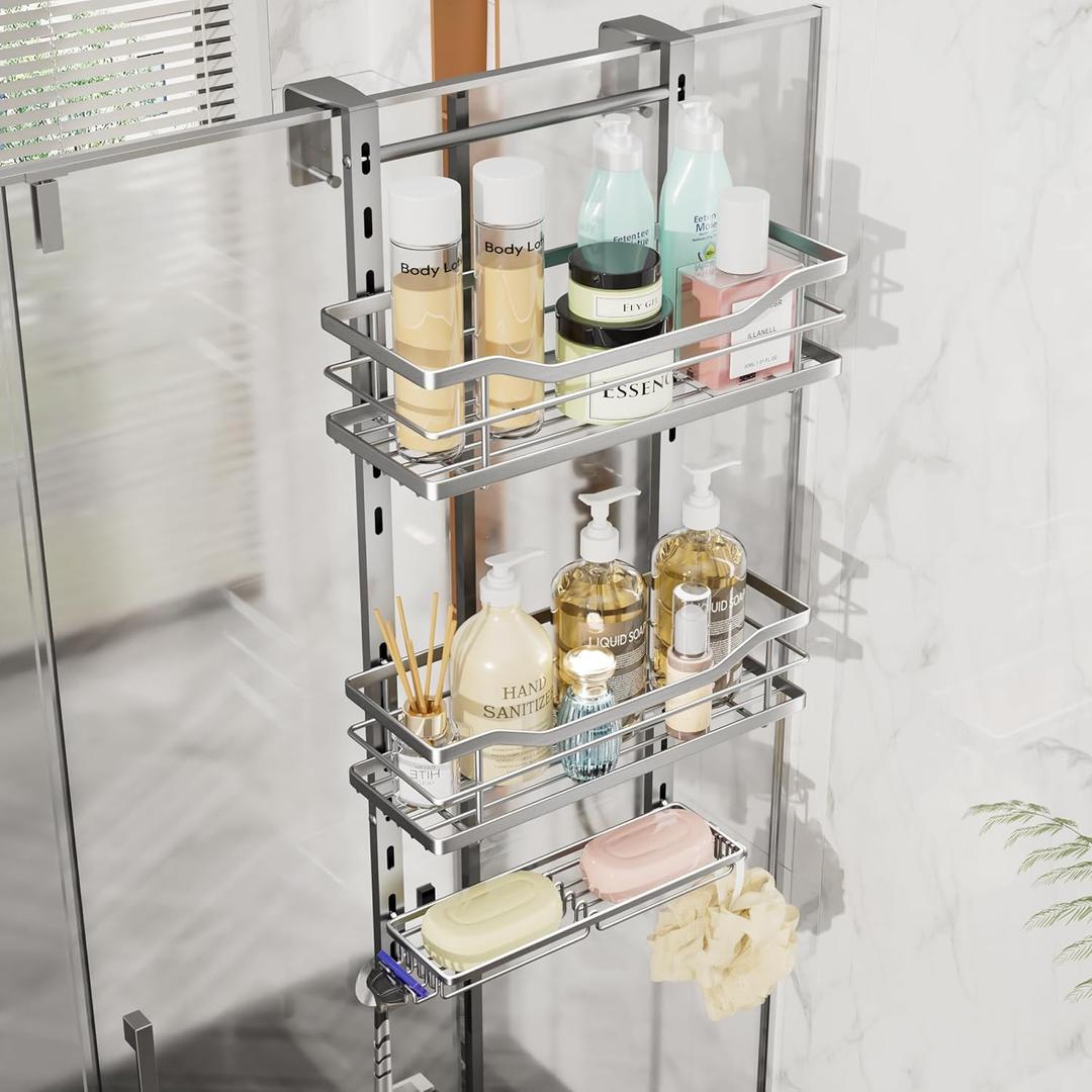 SWTYMIKI Over the Door Shower Caddy - 3 Tier Adjustable Shower Organizer Hanging with Soap Holder, No Drilling Stainless Steel Bathroom Rack Hanging for Body Wash, Shampoo, Soap, Razor, Silver
