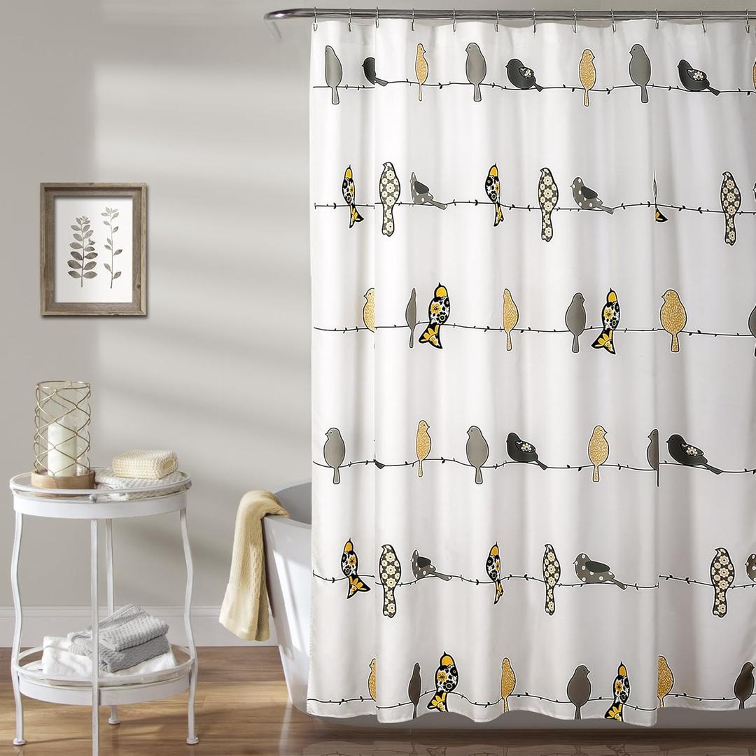 Lush Decor Rowley Birds Shower Curtain, 72 W x 72 L, Yellow & Gray - Colorful Floral Bird Pattern - Whimsical & Playful Bird Shower Curtain - Farmhouse, Coastal, & Boho Bathroom Decor (72"W x 72"L (Pack of 1))