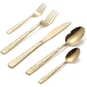 TENCDORS 40 PCS Stainless Steel Flatware Set Hammered Silverware Set Hand Forged Gold Cutlery Handle Mirror Water Flow Pattern Home Event Use Wedding Housewarming Gift Service for 8, Dishwasher Safe