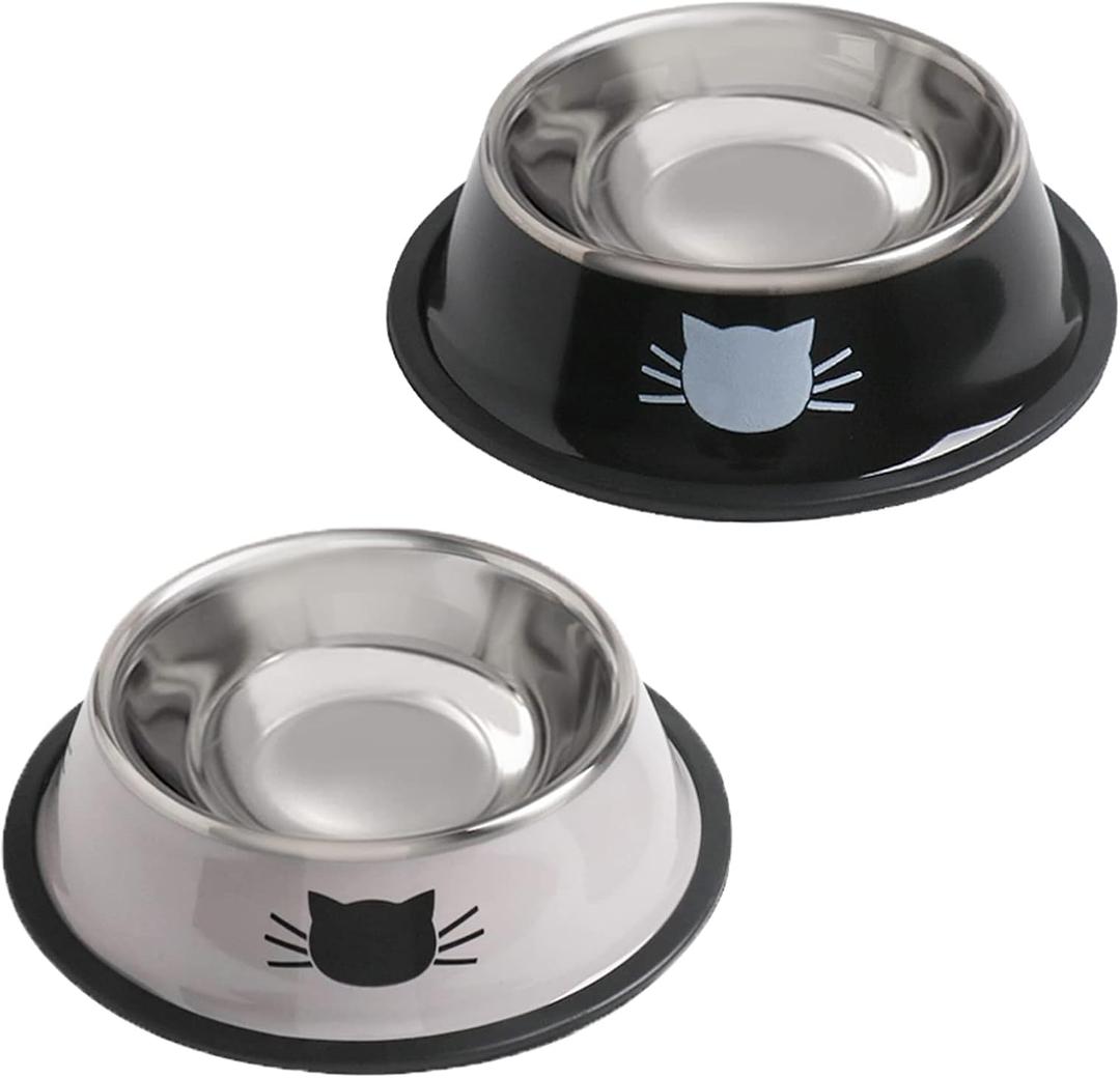 Cat Bowls for Food and Water,2PCS Rapsrk Non-Slip Stainless Steel Small Food Bowls 8 Oz Pet Bowl with Removable Rubber Base Dog Bowl,Stackable Cat Puppy Dishes Bowls with Cute Cats Painted (Black+Grey)
