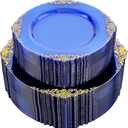 Joyido 102PCS Blue Plastic Plates - Royal Gold Disposable Plates - Clear Blue Party Plate - Heavyweight Disposable Plate with Gold Rim - Fancy Dinner & Dessert Plates for 51 Guests Party Wedding