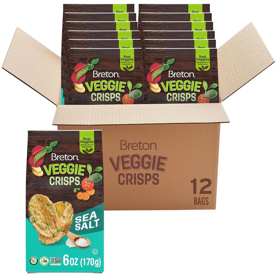 Breton Veggie Crisps Sea Salt (Pack of 12) - Popped not Fried Crisps, Made with Real Vegetables, Light and Crispy Gluten Free Chips, Snacks for School, Lunch Box and More, 12x6oz