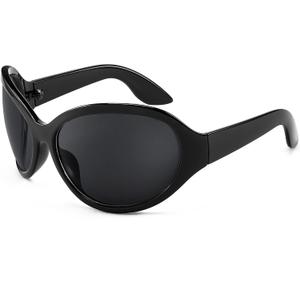 FEISEDY Oversized Oval Wrap Around Sunglasses Women Men Y2K Bug Eye B2391, Black
