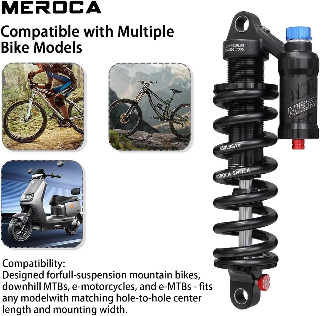 MEROCA Adjustable Air Spring Coil Over Shock Absorber for Mountain Bikes, 190265mm, 550LBS Spring, Rebound, Compression, Preload, and Air Pressure (200300 PSI) Fits MTB/Downhill/eBikes
