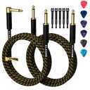 Guitar Cable 10 Feet/1  Pack-Right Angle+Straight to Straight Instrument Cable-Gold Plated Nylon Braided-90 Degree 1/4 Inch TS Electric Bass Guitar Cord Amp Cable 6.35mm Male with 6 Guitar Picks+5 Ties
