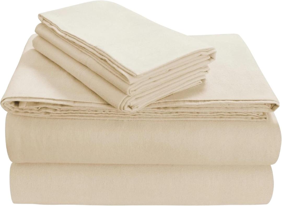 Tribeca Living Triple Brushed Soft Cotton Flannel Sheets Set, Full Size 170-GSM Weight Extra Deep Pocket Sheet in Solid Ivory Color