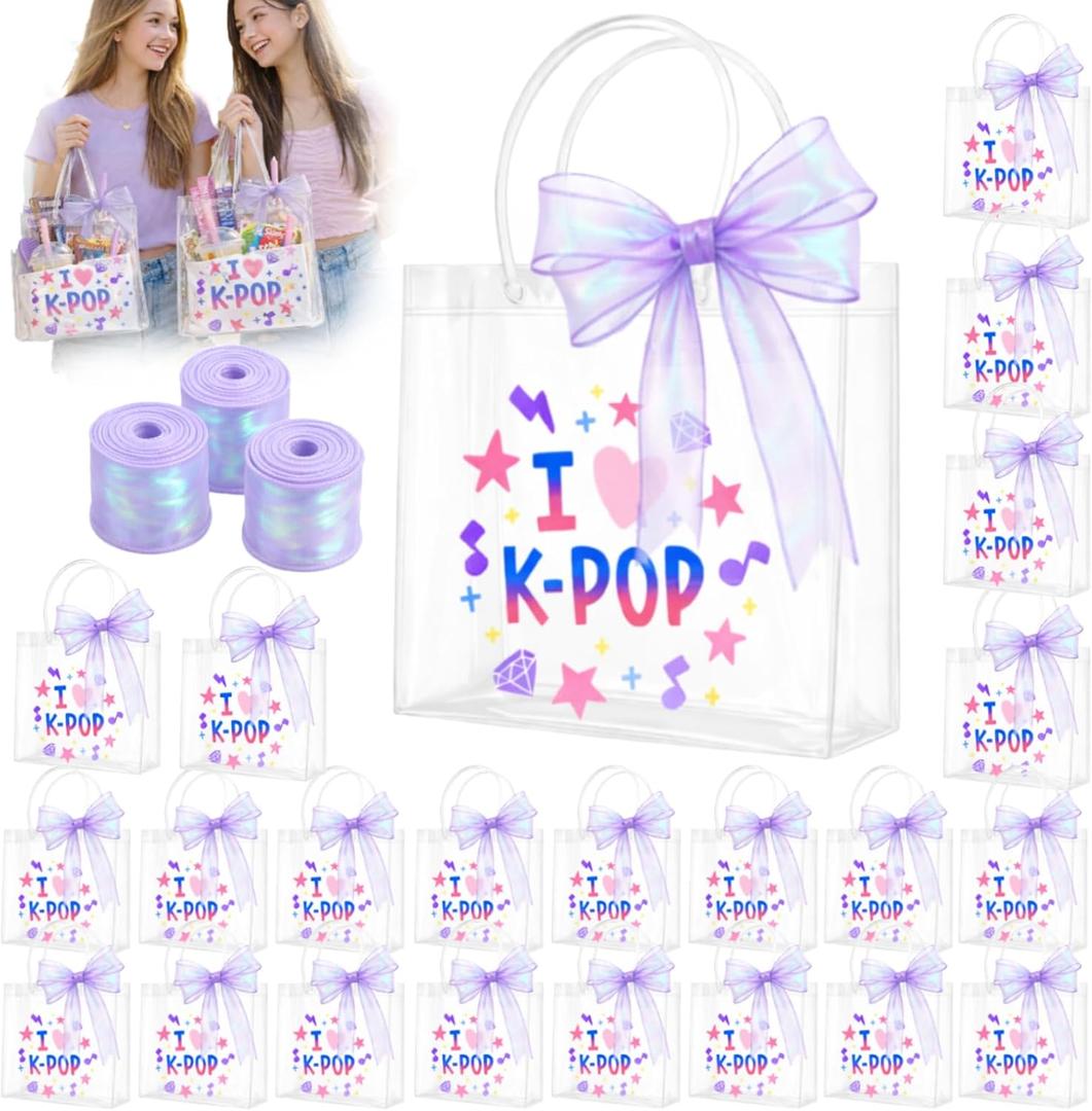 Yebo 24PCS Kpop Theme Party Favor Bags, Clear PVC Gift Bags with Ribbon Bow and Handle, Purple Goodie Bags for Birthday Parties and Celebrations