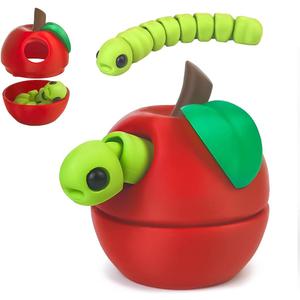 3D Printed Apple Container with Worm Flexi Inside,3D Printed Animals Toys,STEM Educational Toy for Nature Learning,Fun Sensory Fidget Toy for Kids, Unique Fun Decoration (Red)