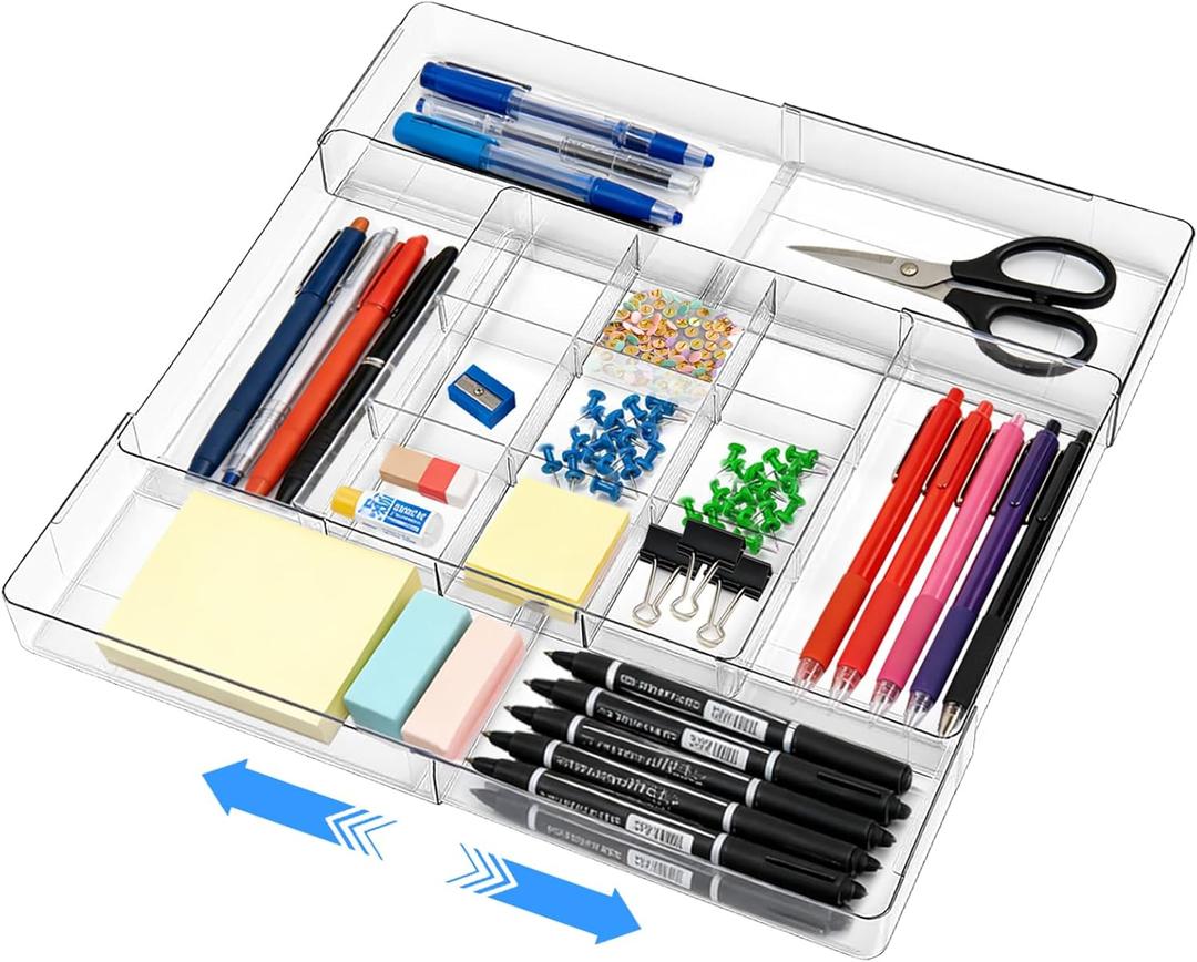 Expandable Desk Drawer Organizer, Expandable Storage Tray with Adjustable Compartments - Customizable Desk Organizer for Makeup, Utensils, Office Supplies, Junk Drawer & Bathroom, 10.6"D x 10.4"W x 2"H