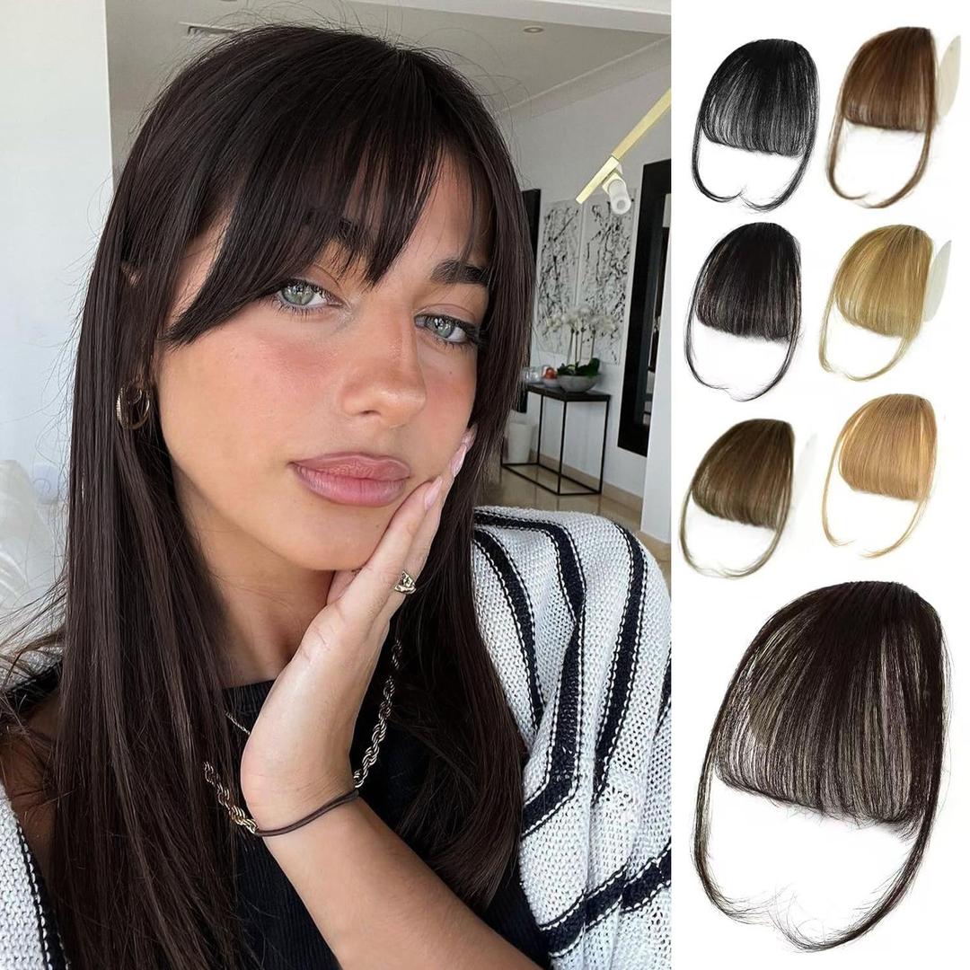 NAYOO Bnags Hair Clip- Dark Brown Fake Bangs 100% Real Human Hair Extensions Wispy Bangs for Women Fringe with Temples Hairpieces Curved Bangs for Daily WearDark Brown Wispy Bangs
