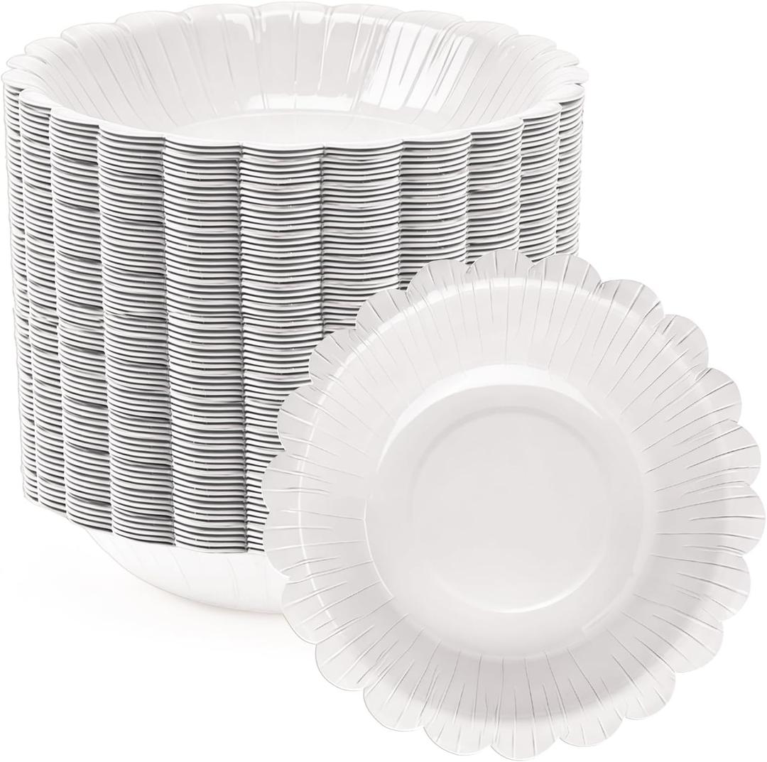 100 Pcs Scalloped Paper Bowls 20 oz Disposable Bowl Food Serving Plates for Wedding Birthday Party Holiday Tableware(White)