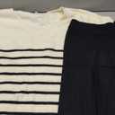 ETCYY NEW Womens 2 Piece Outfits Sweater Lounge Set Casual V Neck Knit Pajama Set Long Sleeve Top Wide Leg Pants Loungewear (Medium, Stripewhite)