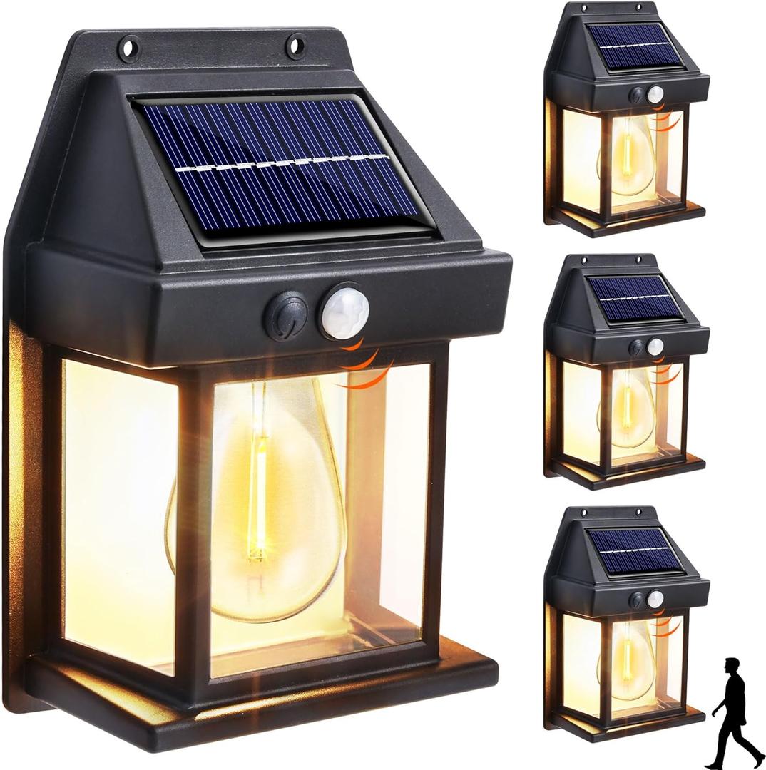 Joomer Solar Wall Lights Outdoor 4PACK, Dusk to Dawn Porch Lights Fixture, Waterproof Exterior Lighting with Clear Panel for Patio Entryway Front Door, Solar Wall Lantern with 3 Modes & Motion Sensor