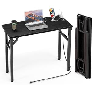 TEMI Small Computer Desk Folding Table - No Assembly, Compact 35.8" Foldable Desk with Power Outlets & USB Charging Port, Portable Small Office Desk, Ideal Mini Study Table, Dark Oak