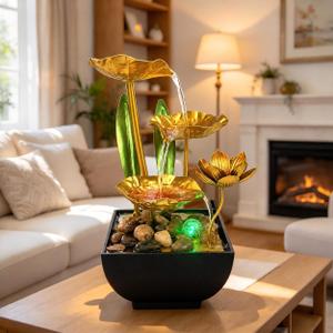 Gold Lotus Tabletop Fountain, Indoor Water Fountain with LED Light, Zen Desktop Waterfall with Pebbles and Circulating Pump for Home Office Bedroom Living Room Decor, 9.8” Tall, Gold