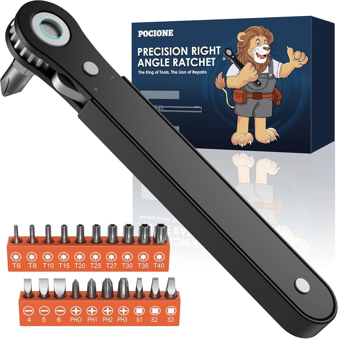 Right Angle Screwdriver Set: Mini Ratchet Screwdriver with Low Profile Offset Handle, Tamper Proof Torx, Hex Bits, Square Drive Bit, EDC Tool Set for Tight Spaces, Christmas Gifts for Men Dad Husband