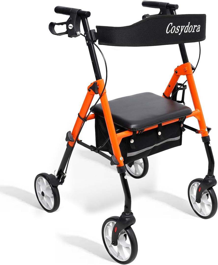 Cosydora R402 Rollator Walkers for Seniors with Seat, 13.6 lbs Lightweight Foldable Rolling Walker, 8" Big Wheels All Terrain, 350 lb. Weight Capacity, Adjustable Handle and Seat Height, Light Orange