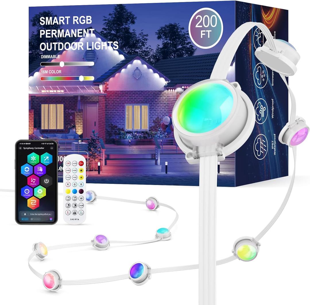 JOH Permanent Outdoor Lights, 200FT with RGB+IC Smart LED Outdoor Lights for House, App & Remote Control, DIY Scene Modes, IP67 Waterproof Christmas Light, Holiday, Party, Halloween Decorations