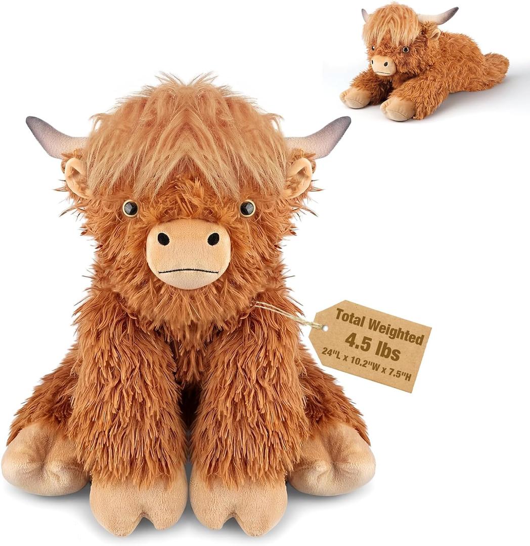 24" & 4.5lbs Highland Cow Stuffed Animal, Sitting & Laying Weighted Stuffed Animals, Cuddly & Soft Weighted Highland Cow Plush for Adults & Kids, Highland Cow Gifts for Christmas & Valentines Day