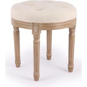 Vonluce Vintage Round Brushed Wood Stool with Diamond Tufting, 18-Inch, Beige