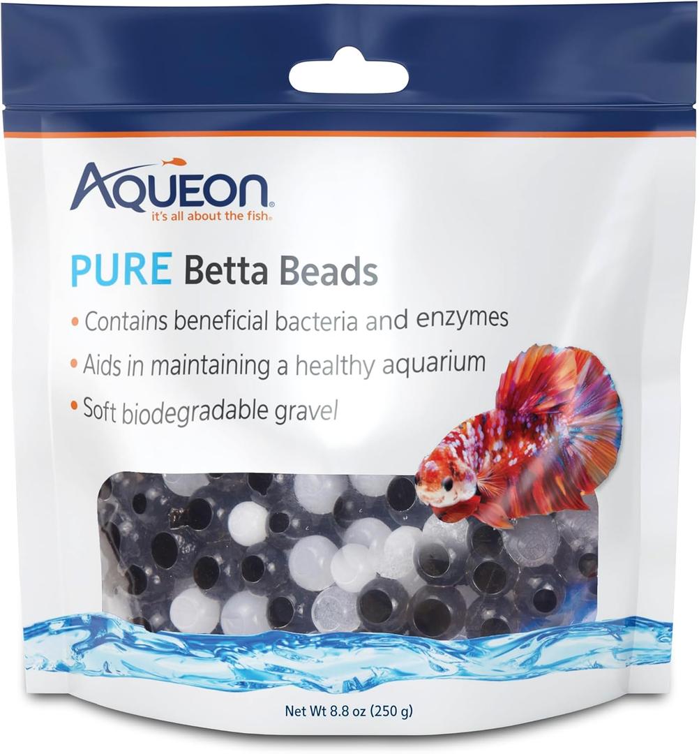 Aqueon PURE Betta Beads, Water Care for Unfiltered Aquariums, Maintains Clear Water and Helps Breakdown Organic Sludge, Black & White (One Pouch)