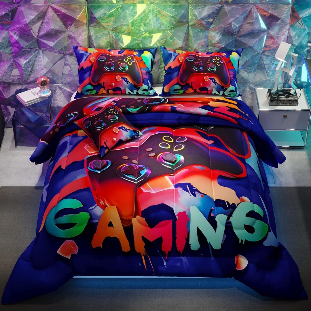 Namoxpa6 Pieces Gamer Comforter Sets for Boys Kids Teens,3D Dark Blue Pattern,Decorative 6 Piece Bedding Sets with Comforter,Flat Sheet,Fitted Sheet,Throw Pillow Cover,Pillow Shams,Full Size 