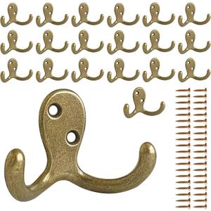 20 Pack Coat Hooks Wall Hooks for Hanging, Heavy Duty Double Prong Metal Hook Wall Mounted for Living Room, Bathroom, Kitchen, Bedroom for Coat, Bag, Scarf, Towel, Hat, Key, Cup (Bronze)