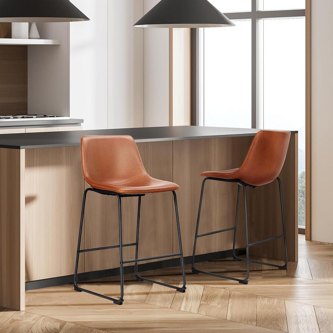 DUMOS 26 Inch Counter Height Bar Stools Set of 2, Modern Faux Leather High Barstools with Back and Metal Leg, Bar Chairs for Kitchen Island, Brown