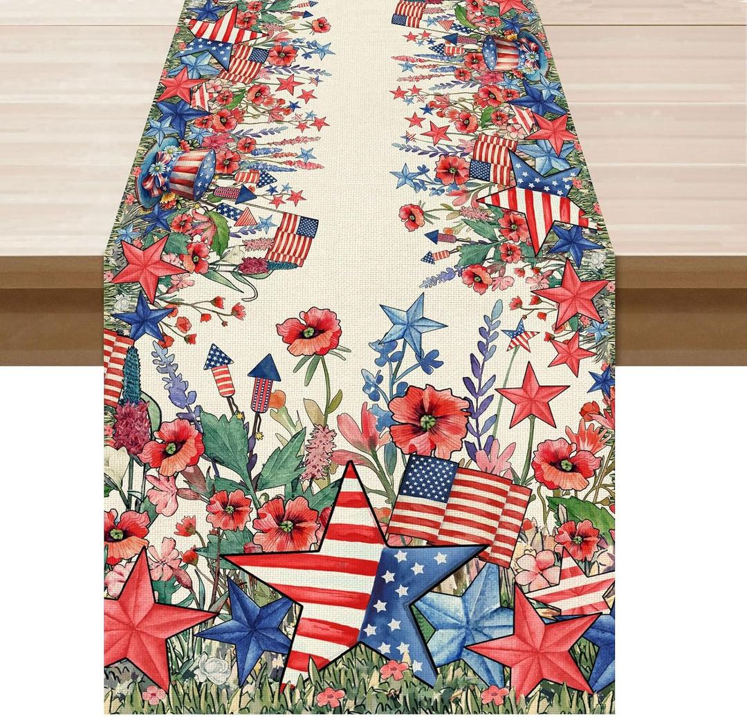 2 x XCHI Watercolor Flowers America Stars Fireworks Memorial Day Table Runner 4th of July Patriotic Independence Day Table Decoration for Party Home Kitchen Dining Holiday Decor 13x48 Inch