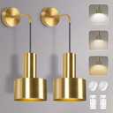 Gold Battery Operated Wall Sconce, Wireless Wall Lights Set of 2, Dimmable Wall lamp with Remote Control, 3000K-6000K Adjustable Modern Luxury LED Light Fixtures for Kitchen Bedroom Living Room Stairs