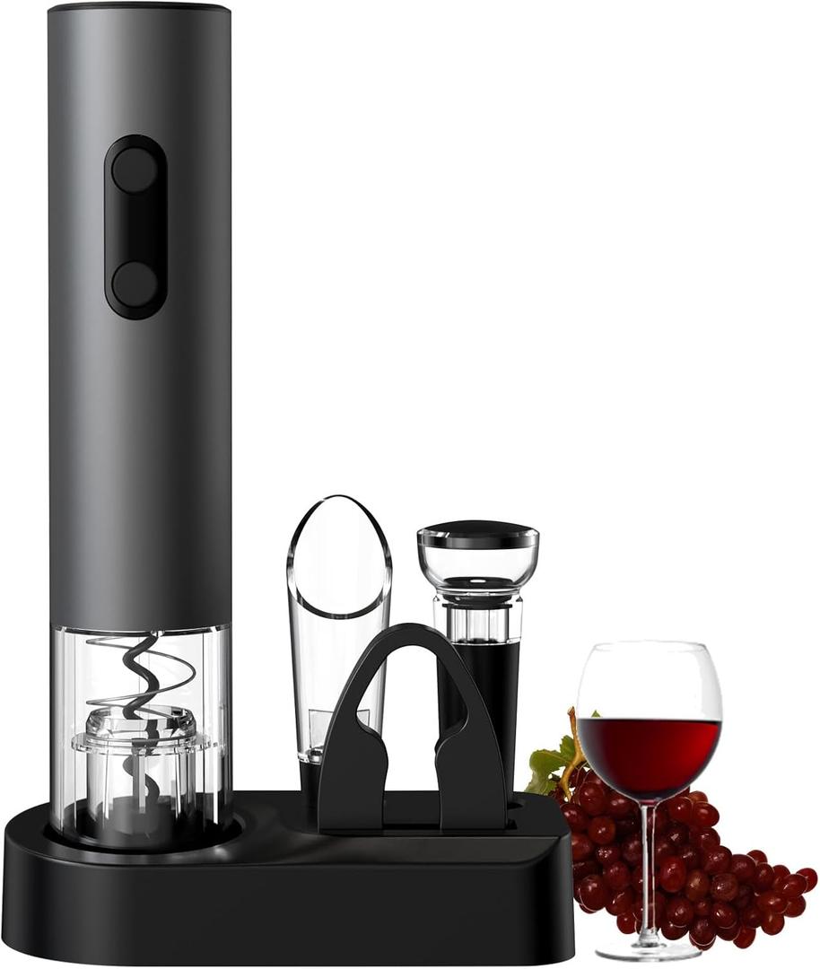 COKUNST Electric Wine Opener, 4-in-1 Wine Bottle Opener Set with Base, Cordless Automatic Battery Operated Corkscrew with Foil Cutter, Pour, Vacuum Stoppers, Gift for Home Party, Staninless Steel