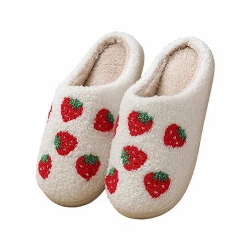 Women Men Plush Strawberry Slippers Cute Fuzzy Slippers Non-Skid Winter Warm Cozy House Indoor Outdoor Shoes,9-10 Pack of 2