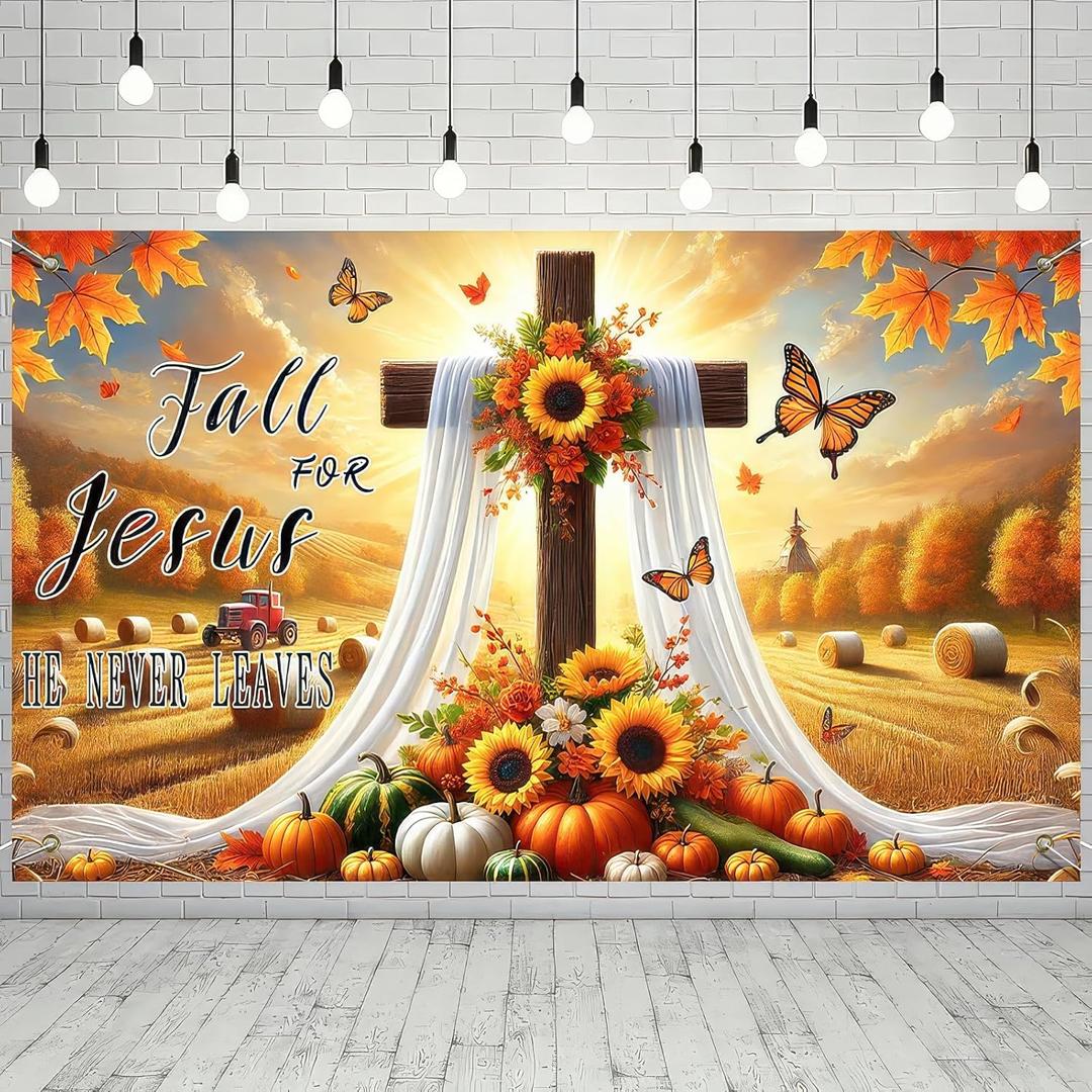 Fall Thanksgiving Backdrop Banner Fall for Jesus Theme Outdoor Decorations 71x43 Inchs Sunflower Pumpkins Backdrop Cross He Never Leaves Banner Party Supplies Yard Decor