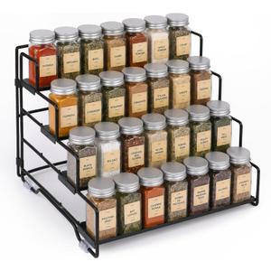 Spice Rack Organizer for Cabinet, Tiered Adjustable Spice Shelf Organization, Metal Seasoning Rack for Kitchen Countertop Cupboard Pantry, Raised Edge Anti-Slip Design for Jars and Bottles