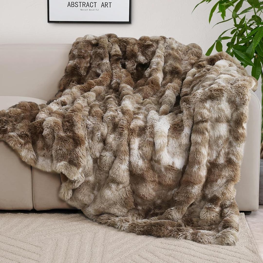 Soft Plush Thick Bubble Blanket, Faux Rabbit Fur Throw Blanket for Couch Bedroom Living Room, Fluffy Throw Blanket (60 * 80 inches, Tie-dye Coffee)