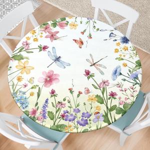 Spring Summer Floral Round Fitted Tablecloth with Elastic Waterproof Outdoor Tablecloth Wipeable Table Cover for Indoor Kitchen Home Party Fits 40-44" Diameter Round Tables